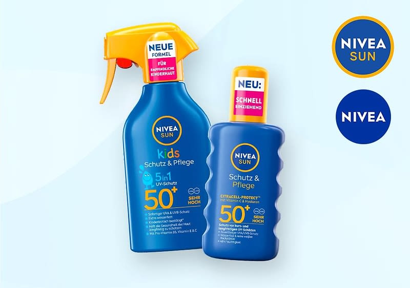 Zwei Nivea Sun Sonnenschutzprodukte vor blauem Hintergrund