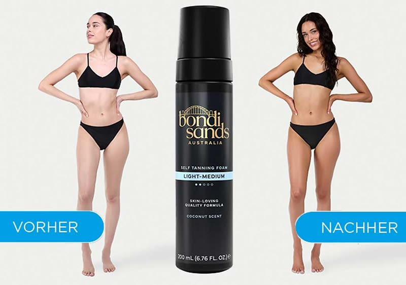 Zwei Frauen in schwarzer Unterwäsche mit Händen in der Hüfte, links blass gekennzeichnet mit dem blauen Schild „VORHER“, rechts sichtbare Bräune mit dem blauen Schild „NACHHER“, dazwischen eine schwarze Dose Bondi Sands Self Tanning Foam Light–Medium mit goldener Marke und der Aufschrift „Skin-Loving Quality Formula Coconut Scent“