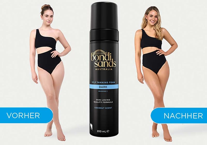 Links eine Frau in schwarzem Bikini mit blassem Teint und Hände in der Taille mit der Beschriftung „VORHER“, mittig eine schwarze Dose Bondi Sands Self Tanning Foam Dark mit blauem Streifen und Text „Bondi Sands Australia Self Tanning Foam Dark 200 ml“ und rechts eine Frau im gleichen schwarzen Bikini mit dunklerer Bräune und der Beschriftung „NACHHER“