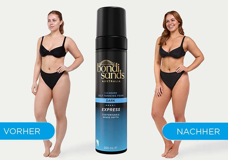 Zwei Frauen in schwarzer Unterwäsche, links mit heller, rechts mit deutlich dunklerer Bräune, zwischen ihnen eine schwarze und blaue Dose Bondi Sands Selbstbräunungsschaum mit der Aufschrift „3–5 hours developing foam DARK EXPRESS customizable shade” und unten „200 mL“, links unten blauer Button mit dem Wort „VORHER“, rechts unten blauer Button mit dem Wort „NACHHER“