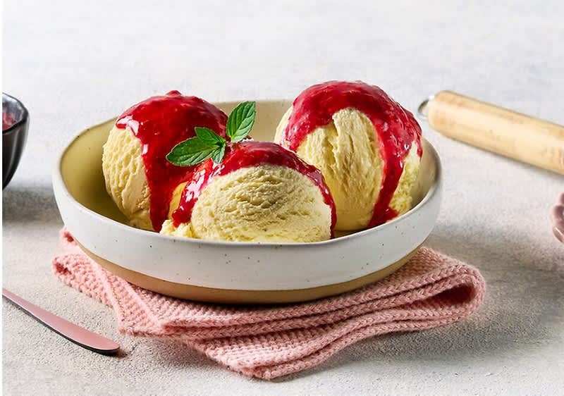 Eine Schüssel veganes Vanilleeis mit fruchtiger Himbeersauce