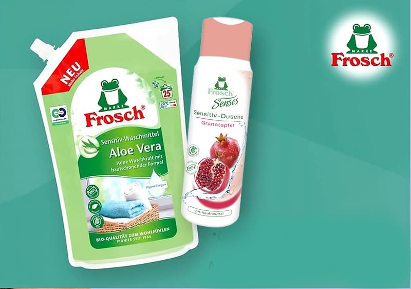 Frosch Aloe Vera Waschmittel und Duschgel auf grünem Hintergrund
