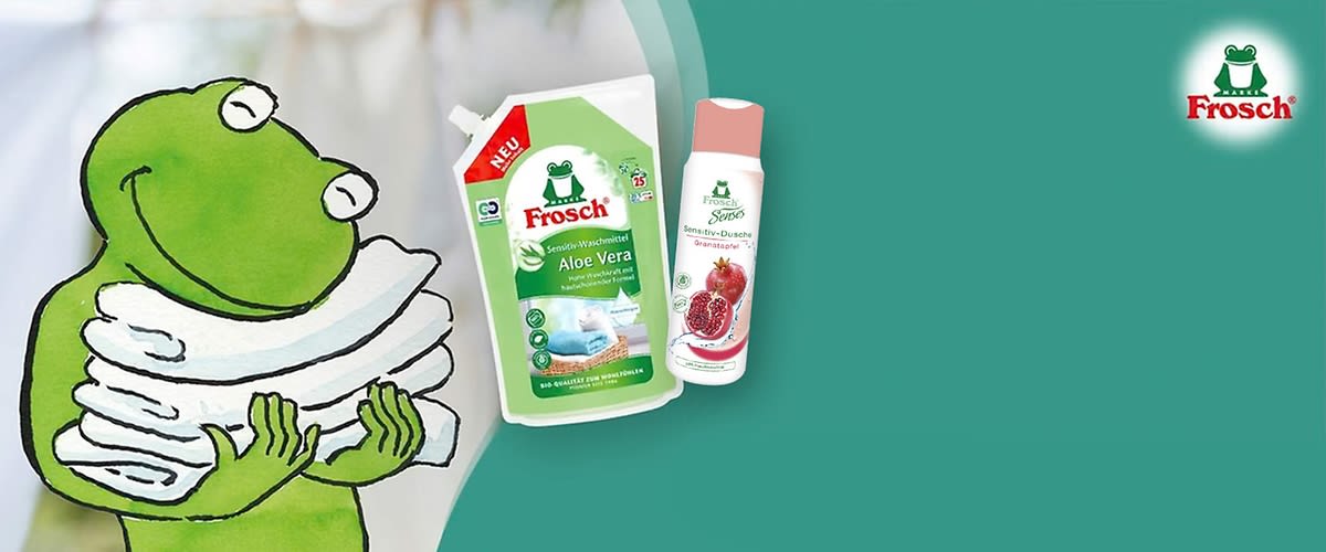 Frosch Aloe Vera Waschmittel und Duschgel auf grünem Hintergrund