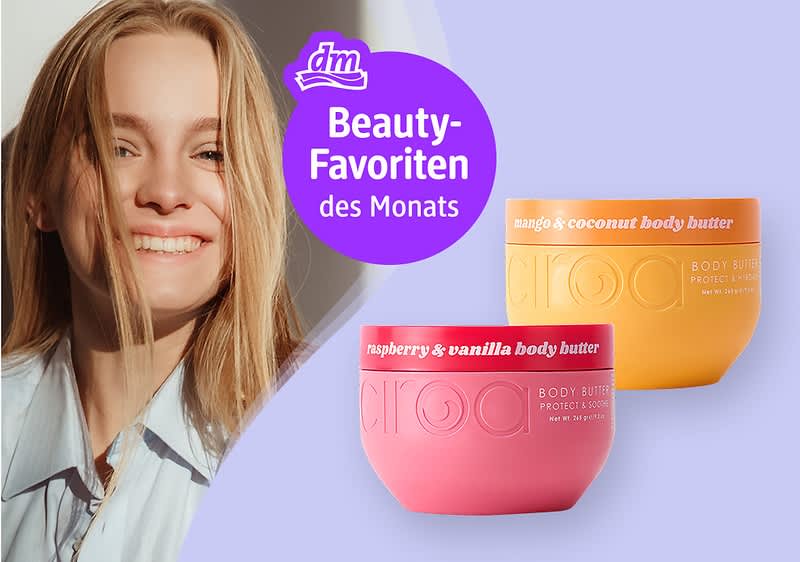 Zwei runde Tiegel mit Body Butter, einer in Orange mit der Aufschrift „mango & coconut body butter“ und einer in Pink mit der Aufschrift „raspberry & vanilla body butter“, daneben ein lila Kreis mit dem Text „Beauty-Favoriten des Monats“ und das dm-Logo darüber