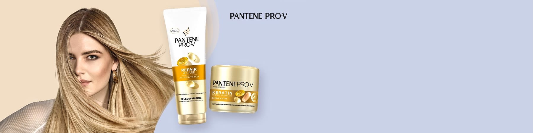 Eine goldene Tube und ein goldener Tiegel der Marke Pantene Pro-V mit der Aufschrift Repair & Care und Keratin sind nebeneinander auf einem hellblauen Hintergrund platziert, die Tube ist mit einem weißen Deckel versehen und der Tiegel hat einen goldenen Deckel, beide Produkte sind mit goldenen und weißen Details gestaltet und die Schrift ist in Schwarz gehalten, oben rechts steht der Markenname Pantene Pro-V in schwarzer Schrift.