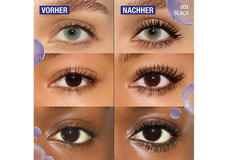 Eine Collage aus sechs Bildern zeigt jeweils ein Paar Augen, wobei die Bilder auf der linken Seite die Augen vor der Anwendung von Mascara zeigen und die drei Bilder auf der rechten Seite die Augen nach der Anwendung zeigen, die Augenpaare sind in verschiedenen Hauttönen und Augenfarben dargestellt, die Wimpern sind nach der Anwendung deutlich voluminöser und länger. Die Bilder sind mit den Worten Vorher und Nachher sowie der Farbnummer 001 Black beschriftet, um den Effekt der Mascara zu verdeutlichen