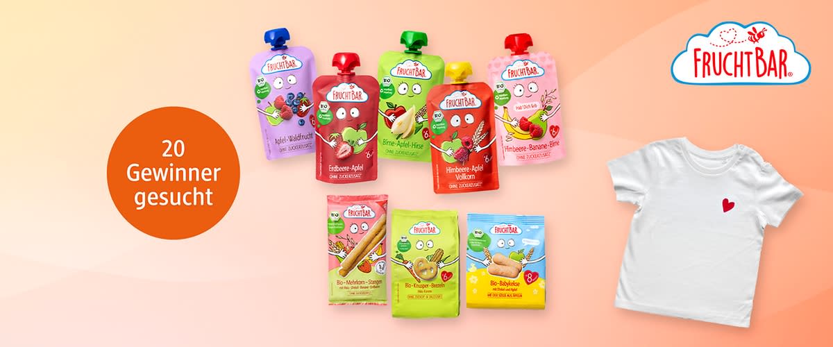 Rosa Hintergrund, rechts fünf bunte Fruchtbar-Quetschbeutel und drei Snack-Packungen mit Früchtemotiven, oben rechts Fruchtbar-Logo, links ein weißes Kinder-T-Shirt mit kleinem roten Herz, links oben orangefarbener Kreis mit Text „20 Gewinner gesucht“