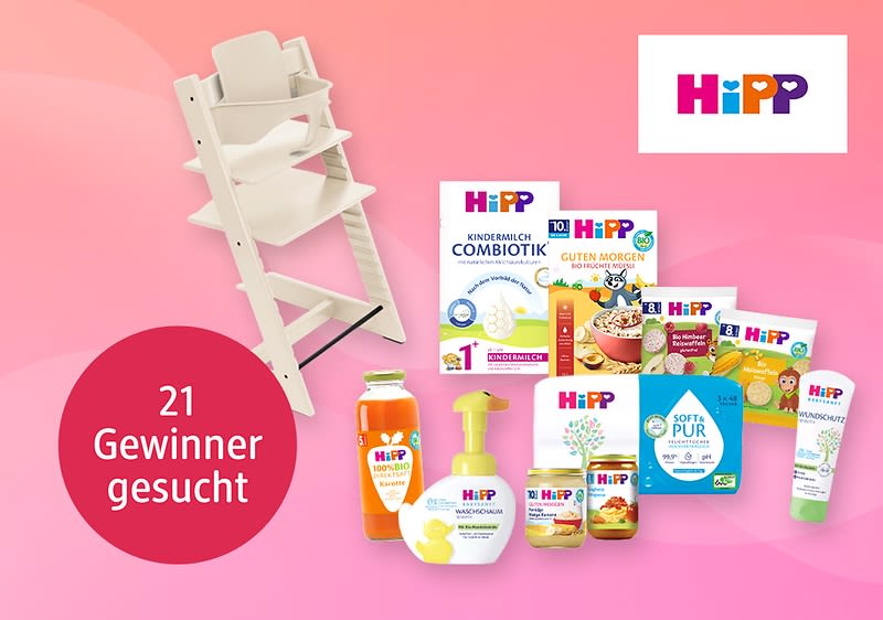 Eine Collage mit einem Kinderhochstuhl von TrippTrapp, und verschiedene HiPP-Produkten daneben.