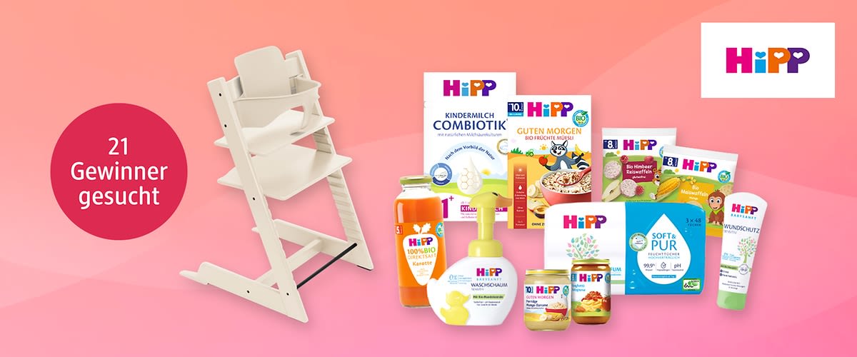 Eine Collage mit einem Kinderhochstuhl von TrippTrapp, und verschiedene HiPP-Produkten daneben.
