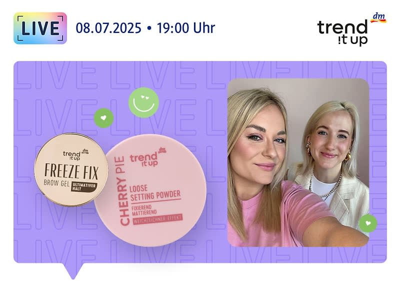 08.07.2025, 19:00 Uhr, Mareike und Jana Maria lächeln in die Kamera, trend !t up Cherry Pie Loose Puder und trend !t up Freeze Fix Augenbrauengel