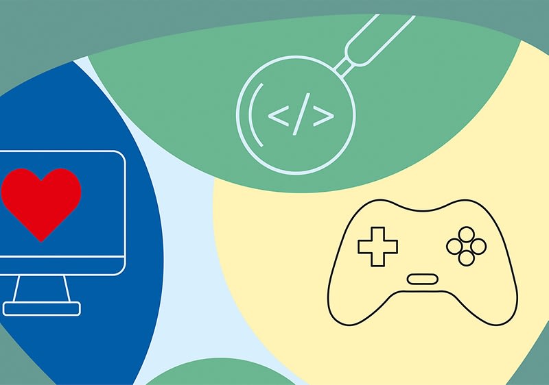 Eine Illustration mit einem stilisierten Computerbildschirm auf einem blauen Hintergrund, der ein rotes Herz zeigt, einem grĂŒnen Kreis mit einer Lupe und einem Code-Symbol darin, sowie einem gelben Kreis mit einem schwarzen Umriss eines Gamecontrollers, alle Elemente sind von ĂŒberlappenden, bunten Formen umgeben.