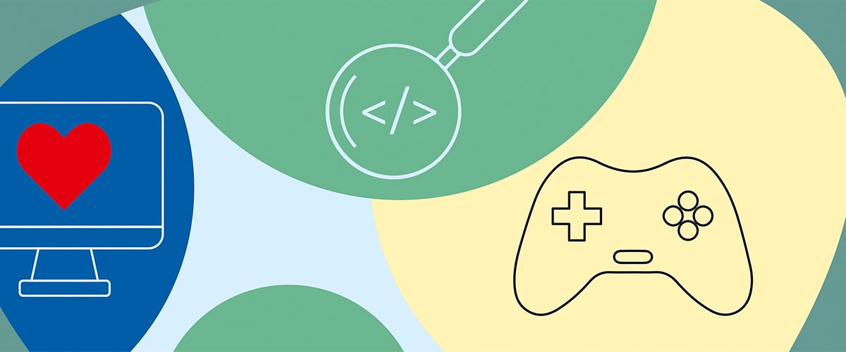 Eine Illustration mit einem stilisierten Computerbildschirm auf einem blauen Hintergrund, der ein rotes Herz zeigt, einem grĂŒnen Kreis mit einer Lupe und einem Code-Symbol darin, sowie einem gelben Kreis mit einem schwarzen Umriss eines Gamecontrollers, alle Elemente sind von ĂŒberlappenden, bunten Formen umgeben.
