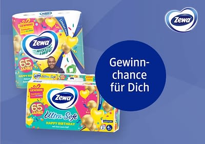 Zwei Packungen Zewa Ultra Soft Happy Birthday Toilettenpapier mit buntem Design und goldenen Luftballons, die linke Packung zeigt ein lächelndes Gesicht eines Mannes und die Aufschrift 65 Jahre, die rechte Packung hat die gleiche Aufschrift ohne Gesicht, daneben ein blauer Kreis mit weißem Text Gewinnchance für Dich, oben rechts das Tempo-Logo auf blauem Hintergrund