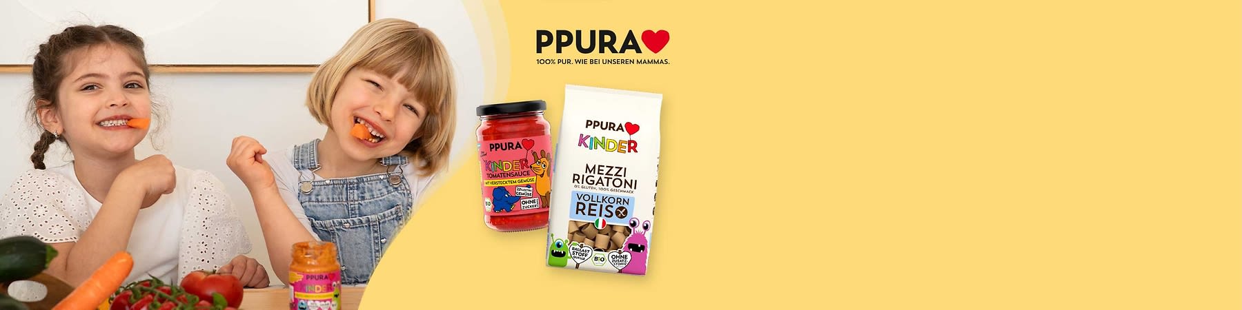 Zwei Kinderlebensmittel: links eine weiße Packung PPURA Kinder Mezzi Rigatoni Vollkorn Reis mit buntem Schriftzug und Icons, rechts ein Glas PPURA Kinder Tomatensauce mit gelbem Deckel, rotem Etikett, Aufschrift „mit verstecktem Gemüse“ und „ohne Zucker“