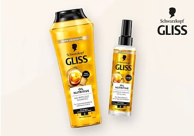 Zwei Produktverpackungen der Marke Schwarzkopf Gliss sind abgebildet, links eine gelbe Shampooflasche mit schwarzem Deckel und der Aufschrift 100% stärkeres Haar, Oil Nutritive, Nährpflege-Shampoo, Für normales bis strapaziertes Haar, Mit 8 wertvollen Ölen, rechts eine kleinere Sprühflasche mit schwarzem Sprühkopf und der Aufschrift Oil Nutritive, Express-Repair-Spülung, Für normales bis strapaziertes Haar, Mit 8 wertvollen Ölen, oben rechts das Schwarzkopf-Logo mit dem Schriftzug Schwarzkopf Gliss