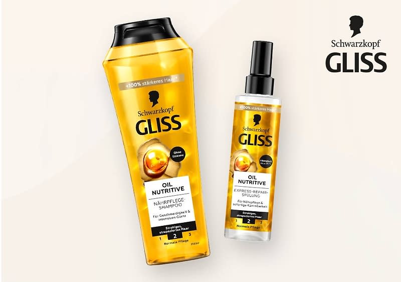 Zwei Produktverpackungen der Marke Schwarzkopf Gliss sind abgebildet, links eine gelbe Shampooflasche mit schwarzem Deckel und der Aufschrift 100% stärkeres Haar, Oil Nutritive, Nährpflege-Shampoo, Für normales bis strapaziertes Haar, Mit 8 wertvollen Ölen, rechts eine kleinere Sprühflasche mit schwarzem Sprühkopf und der Aufschrift Oil Nutritive, Express-Repair-Spülung, Für normales bis strapaziertes Haar, Mit 8 wertvollen Ölen, oben rechts das Schwarzkopf-Logo mit dem Schriftzug Schwarzkopf Gliss