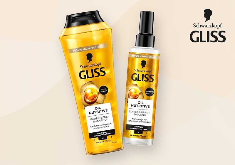 Zwei Produktverpackungen der Marke Schwarzkopf Gliss sind abgebildet, links eine große gelbe Shampooflasche mit schwarzem Deckel und der Aufschrift 100% stärkeres Haar, Schwarzkopf Gliss, Oil Nutritive Nährpflege-Shampoo für normales Haar bis strapaziertes Haar, rechts eine kleinere gelbe Sprühflasche mit schwarzem Sprühkopf und der Aufschrift Schwarzkopf Gliss, Oil Nutritive Express-Repair-Spülung für normales Haar bis strapaziertes Haar, beide Verpackungen zeigen ein goldenes Öl-Tropfen-Motiv