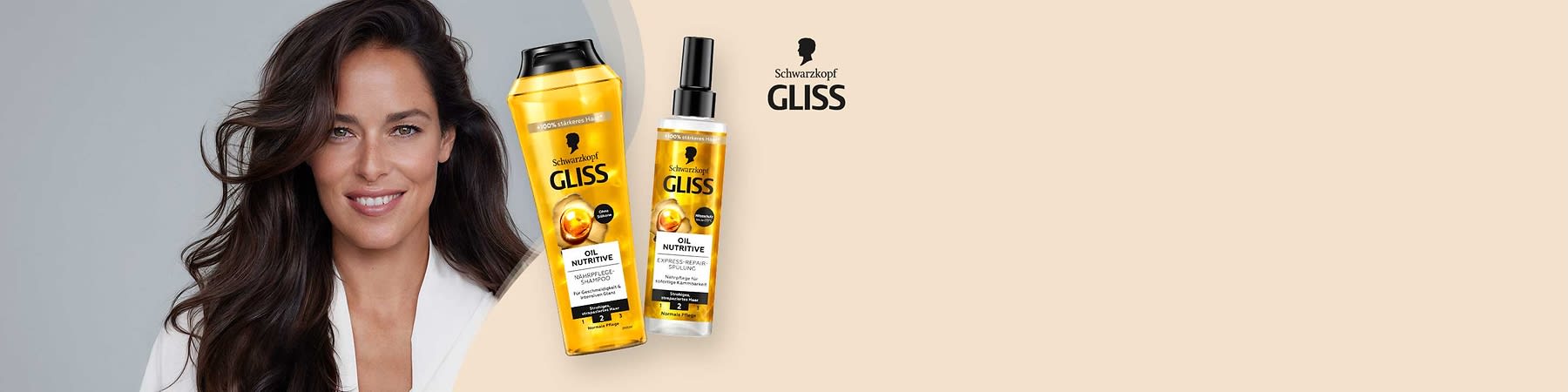 Zwei Produktverpackungen der Marke Schwarzkopf Gliss sind abgebildet, links eine große gelbe Shampooflasche mit schwarzem Deckel und der Aufschrift 100% stärkeres Haar, Schwarzkopf Gliss, Oil Nutritive Nährpflege-Shampoo für normales Haar bis strapaziertes Haar, rechts eine kleinere gelbe Sprühflasche mit schwarzem Sprühkopf und der Aufschrift Schwarzkopf Gliss, Oil Nutritive Express-Repair-Spülung für normales Haar bis strapaziertes Haar, beide Verpackungen zeigen ein goldenes Öl-Tropfen-Motiv