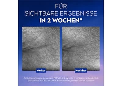 Zwei nebeneinander liegende Bilder zeigen Hautoberflächen, links mit der Beschriftung Vorher und rechts Nachher, darüber steht in großen weißen Buchstaben Für sichtbare Ergebnisse in 2 Wochen*, darunter ein kleinerer Text: Echte Ergebnisse, gemessen mit PRIMOS Anti-Wrinkle-Technologie, unbearbeitet, Ergebnisse nach 2 Wochen, individuelle Ergebnisse können variieren