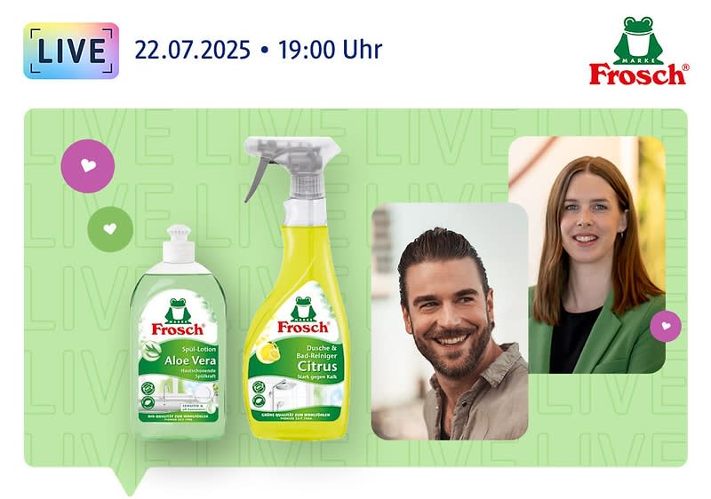 22.07.2025, 19:00 Uhr, Logo von dmLIVE, Eric und Julia lächeln in die Kamera und zwei Produkte von Frosch