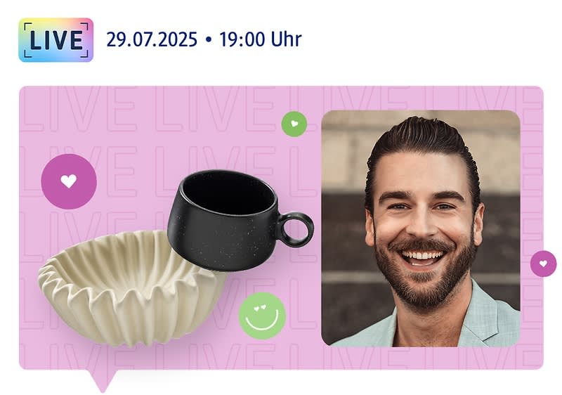 Eine Collage bestehend aus einem cremefarbenen, geriffelten Keramikschälchen und einer schwarzen Tasse mit Henkel, daneben ein Bild einer Person mit verschwommenem Gesicht, die ein mintgrünes Hemd trägt, im Hintergrund ein lila Feld mit dem Schriftzug LIVE in Weiß, oben links das Datum 29.07.2025 und die Uhrzeit 19:00 Uhr, oben rechts das dmhome Logo