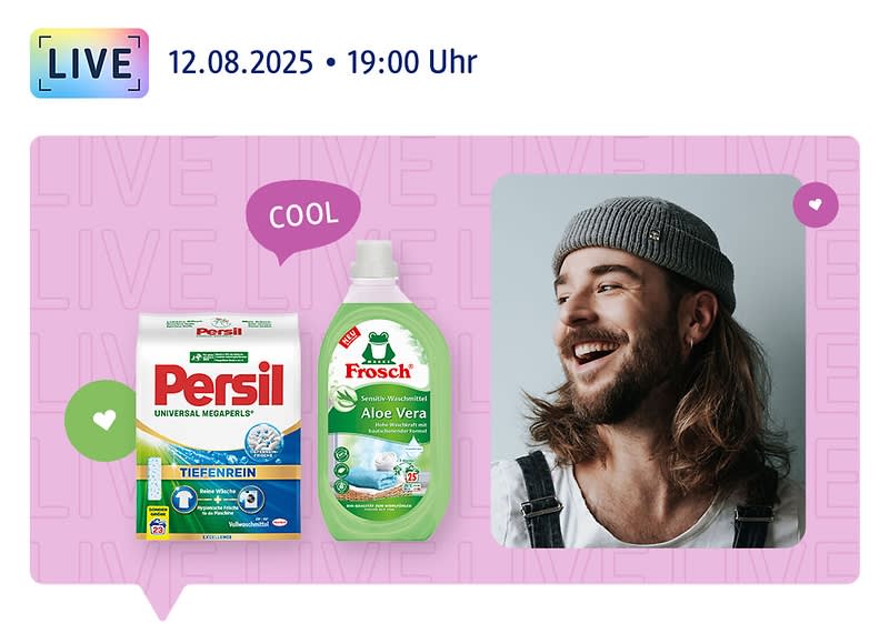 12.08.2025, 19:00 Uhr, Eric und Catalin lächeln in die Kamera, daneben das flüssige Vollwaschmittel von Frosch und das Persil Vollwaschmittel Megapearls