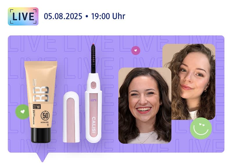 05.08.2025, 19:00 Uhr, Lena und Karla lächeln in die Kamera neben BB Cream Fit Me Nude 10 von Maybelline New York sowie Wimpern Curler von Calisi Beauty