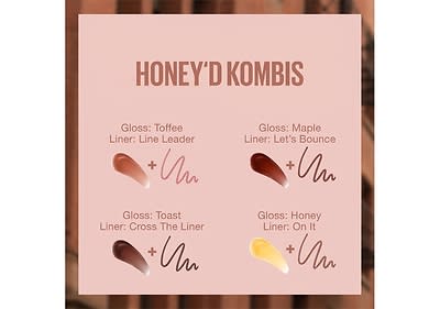 Eine Grafik mit dem Titel HONEY'D KOMBIS zeigt vier Kombinationen aus Gloss und Liner, jeweils mit einem Farbmuster: Gloss Toffee mit Liner Line Leader, Gloss Maple mit Liner Let's Bounce, Gloss Toast mit Liner Cross The Liner und Gloss Honey mit Liner On It, die Farbmuster sind in verschiedenen Brauntönen und einem Honiggelb dargestellt, daneben sind geschwungene Linien als Beispiel für die Anwendung der Produkte zu sehen.