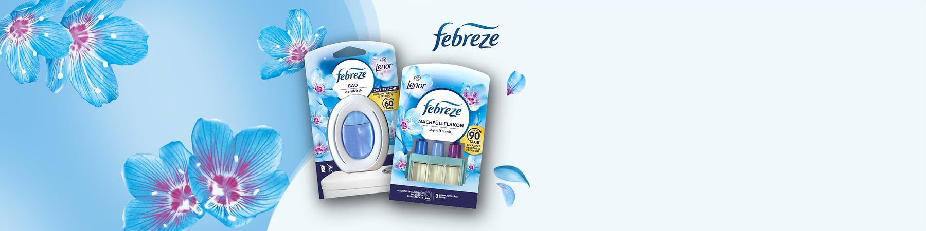 Eine Produktverpackung von Lenor mit einem lila Hintergrund, darauf ein weißer Plastikhalter mit einem blauen Duftbehälter, umgeben von blauen und weißen Orchideenblüten, die Verpackung trägt die Aufschrift Lenor 24/7 Frische.