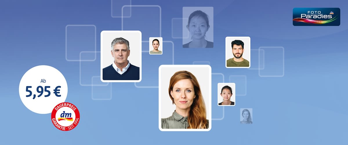 Grafik mit blauem Hintergrund mit Passbilder mit verschiedenen Menschen, einen Ab-Preis von 5,95€ sowie der Dauerpreis Störer sind abgebildet
