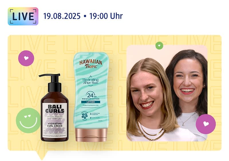 19.08.2025, 19:00 Uhr, Hannah und Lena lächeln in die Kamera und Hawaiian Tropic After Sun Lotion hydrating sowie BALI CURLS, Lockencreme Hydrating Curl Cream