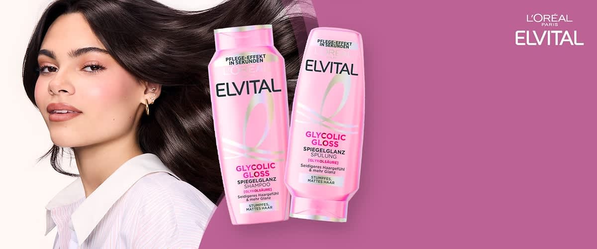 Zwei rosa Flaschen der Marke L'Oréal Paris Elvital sind abgebildet, eine Shampoo- und eine Spülungsflasche mit der Aufschrift Perfekt gepflegt in Sekunden, Glycolic Gloss Spiegelglanz, Shampoo und Spülung sowie Für glanzloses, mattes Haar und Seidenglanz-Pflegeformel in weißer und pinker Schrift auf der Vorderseite, die Flaschen sind leicht schräg nebeneinander positioniert auf einem rosa Hintergrund mit dem Markenlogo oben rechts.