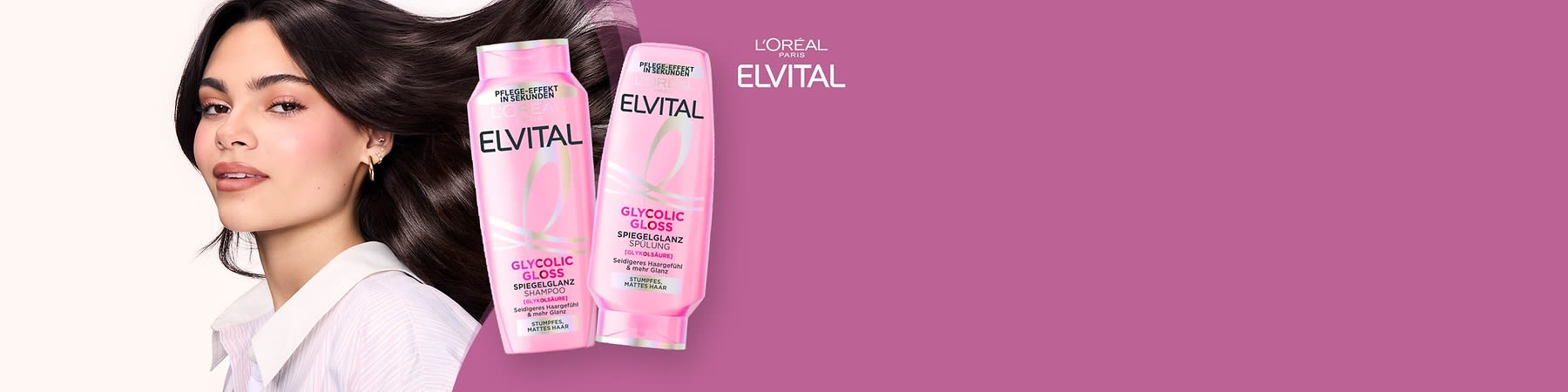 Zwei rosa Flaschen der Marke L'Oréal Paris Elvital mit der Aufschrift Glycolic Gloss Spiegelglanz Shampoo und Glycolic Gloss Spiegelglanz Spülung, darunter steht Für seidig-glänzendes Haar, mattes Haar, die Flaschen sind schräg nebeneinander platziert auf einem rosa Hintergrund mit dem Markenlogo oben rechts.