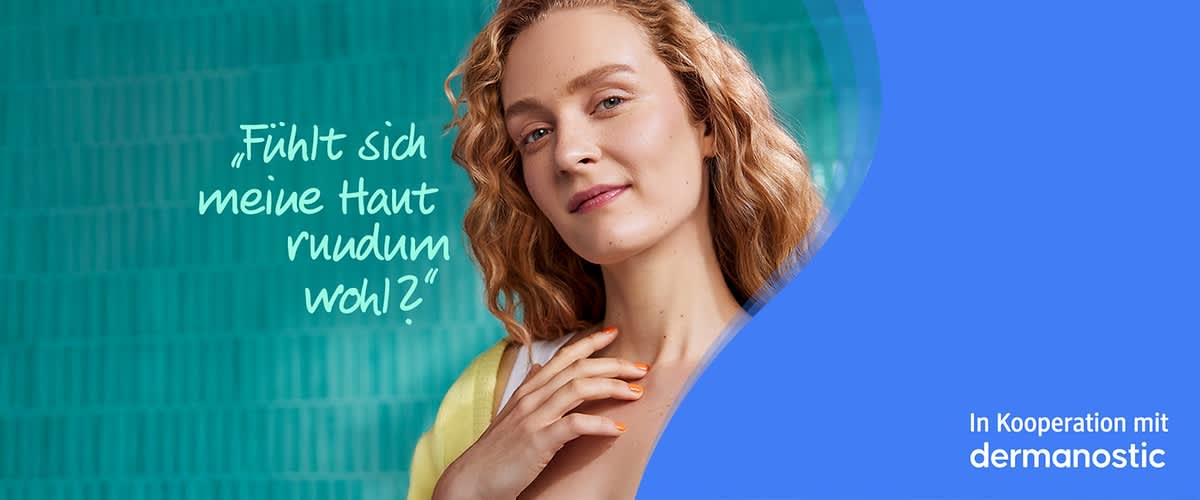 Eine Frau mit lockigem, blondem Haar und einem gelben Oberteil hält ihre Hand an den Hals, der Hintergrund ist türkisfarben mit einem Zitat in weißer Schrift: Fühlt sich meine Haut rundum wohl? und unten rechts steht in weißer Schrift auf einem blauen Hintergrund: Durchgeführt von dermanostic