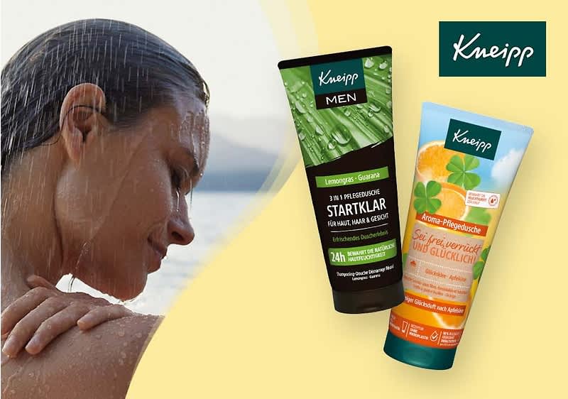 Zwei Kneipp Produktverpackungen auf gelbem Hintergrund, links eine schwarze Tube mit grünen Gräsern und der Aufschrift „Men Startklar“, rechts eine weiße Tube mit orangefarbenen Blumen und der Aufschrift „Sei frei, verrückt und glücklich“