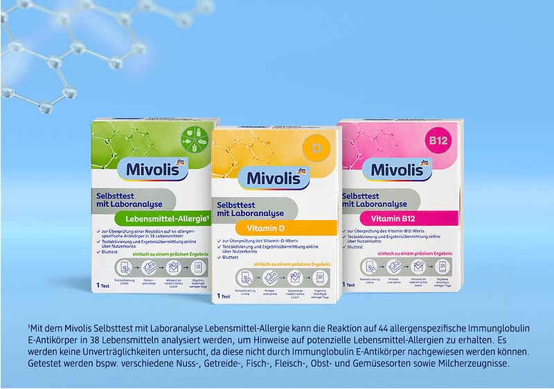 Drei Mivolis Selbsttests in Verpackungen nebeneinander: links grün für Lebensmittel-Allergie, Mitte gelb für Vitamin D, rechts rosa für Vitamin B12, jeweils mit Hinweis „Selbsttest mit Laboranalyse“ und Abbildung kleiner Symbole für Testumfang