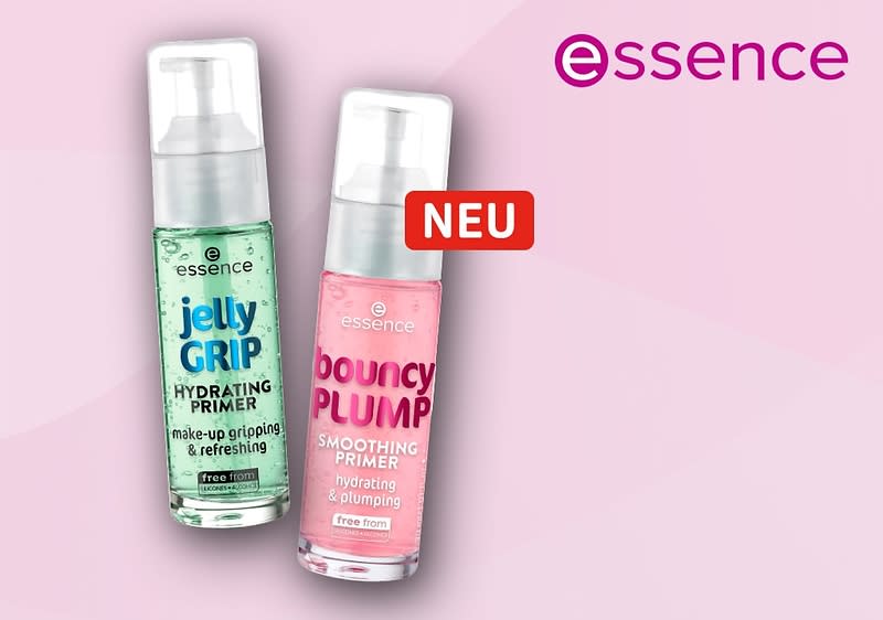 Zwei essence Primer-Flaschen, links grün mit der Aufschrift „jelly GRIP HYDRATING PRIMER“, rechts rosa mit der Aufschrift „bouncy PLUMP SMOOTHING PRIMER“, daneben ein rotes „NEU“-Schild