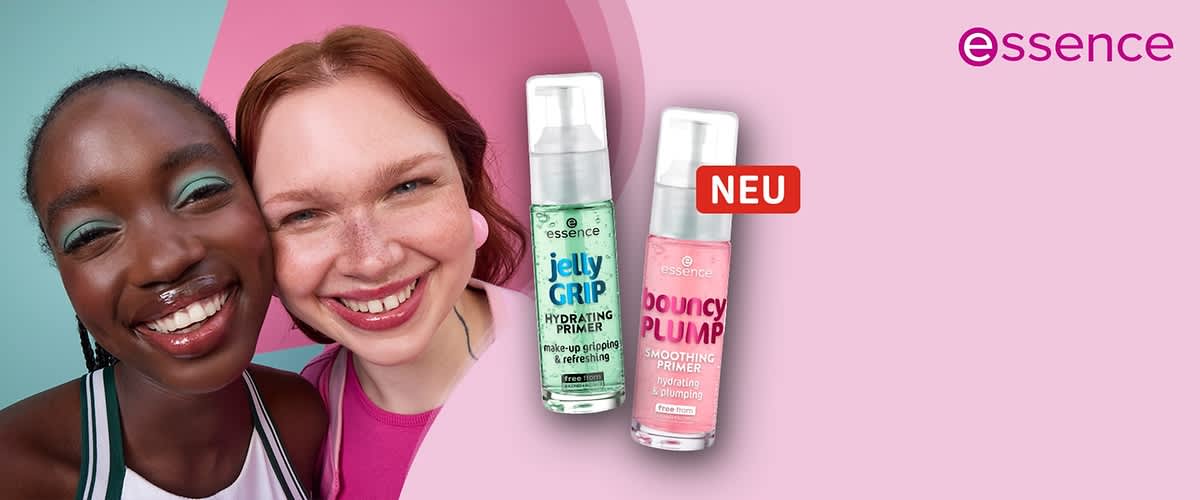Zwei essence Primer-Flaschen, links grün mit der Aufschrift „jelly GRIP HYDRATING PRIMER“, rechts rosa mit der Aufschrift „bouncy PLUMP SMOOTHING PRIMER“, daneben ein rotes „NEU“-Schild