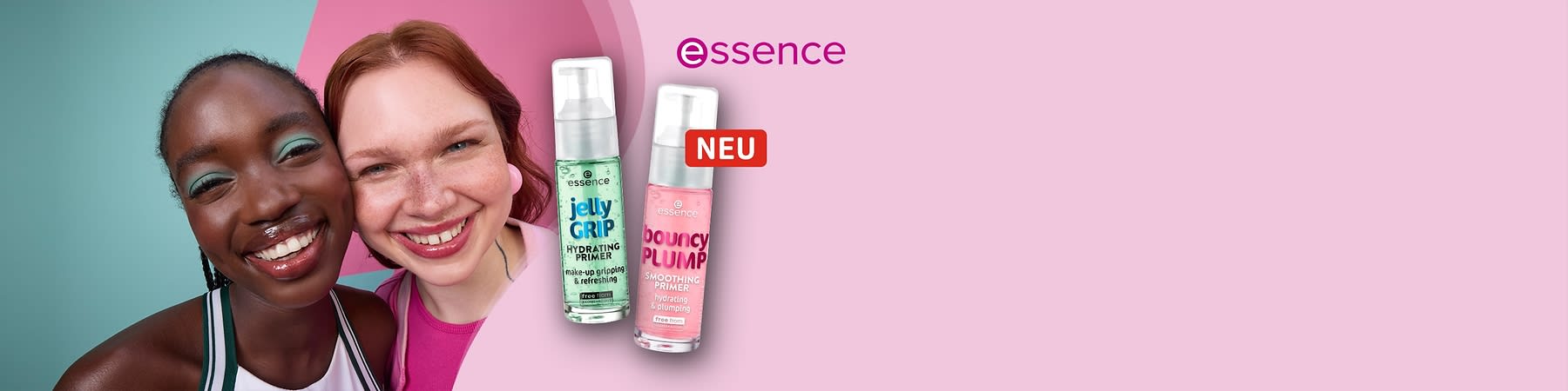 Zwei Flaschen Essence Primer, links grün mit der Aufschrift „jelly GRIP HYDRATING PRIMER“, rechts rosa mit der Aufschrift „bouncy PLUMP SMOOTHING PRIMER“, daneben ein rotes Schild mit „NEU“
