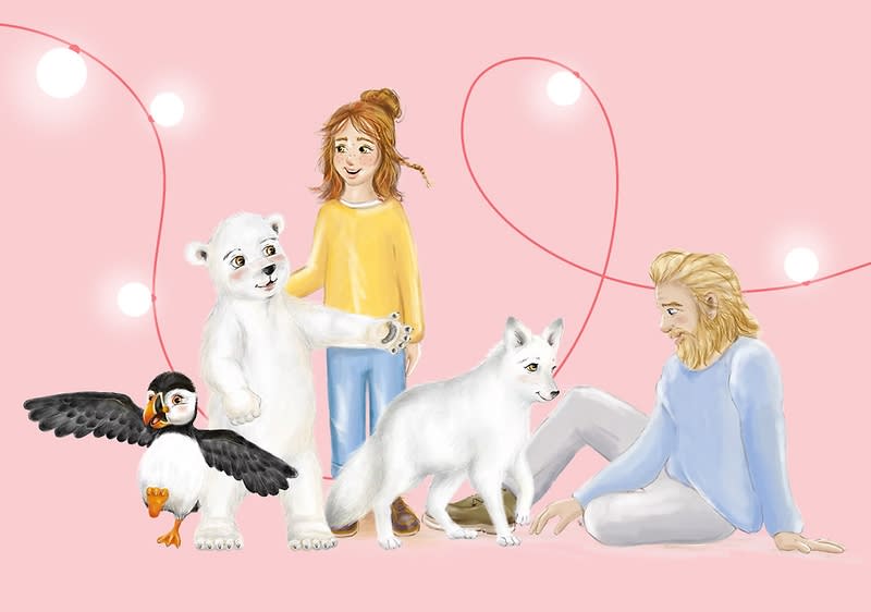 Eine Illustration zeigt einen Eisbären, einen Papageientaucher und einen Polarfuchs neben zwei Personen auf einem rosa Hintergrund mit Lichterketten im Hintergrund
