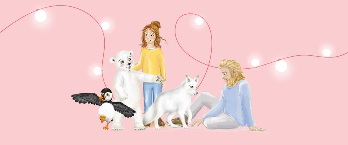 Eine Illustration zeigt einen Eisbären, einen Papageientaucher und einen Polarfuchs neben zwei Personen auf einem rosa Hintergrund mit Lichterketten im Hintergrund