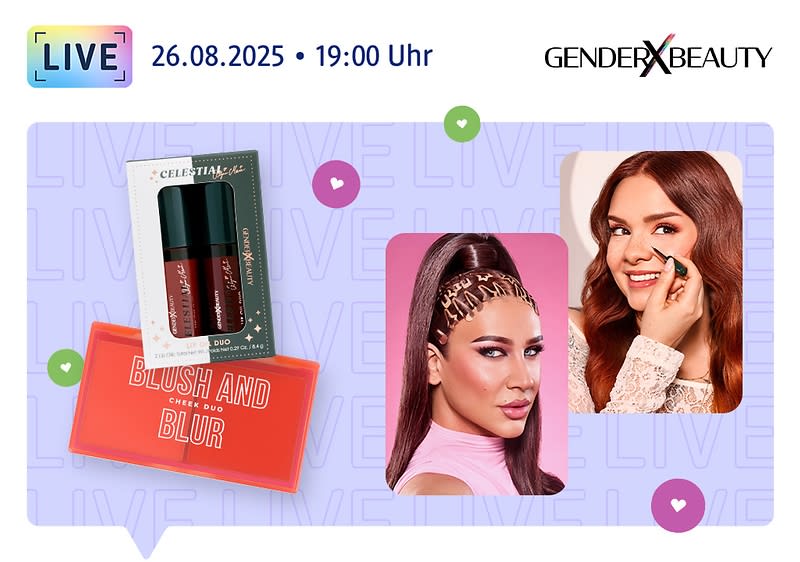 26.08.2025, 19:00 Uhr, Marvyn und Alycia Marie lächeln in die Kamera. Daneben der Juicy Quench Glossy Balm Duo Rosy Kiss und Blush And Blur Blush Duo Main Character Era von Gender X Beauty