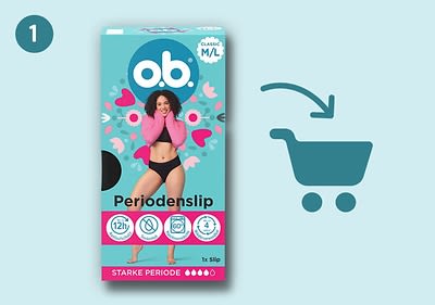 Eine Verpackung des Periodenslips von o.b. mit einer lächelnden Frau in einem schwarzen Slip und rosa Oberteil, daneben ein Einkaufswagensymbol