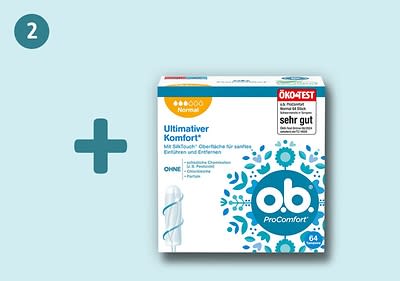 Eine Packung o.b. ProComfort Tampons mit 64 Stück, Aufschrift „Ultimativer Komfort“ und „Öko-Test sehr gut“, daneben ein Pluszeichen und eine Zahl zwei in einem blauen Kreis