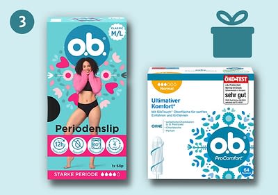 Links eine Verpackung von o.b. Periodenslip mit einer lächelnden Frau in Unterwäsche, rechts eine Verpackung von o.b. ProComfort Tampons mit der Aufschrift „Ultimativer Komfort“ und „Öko-Test sehr gut“