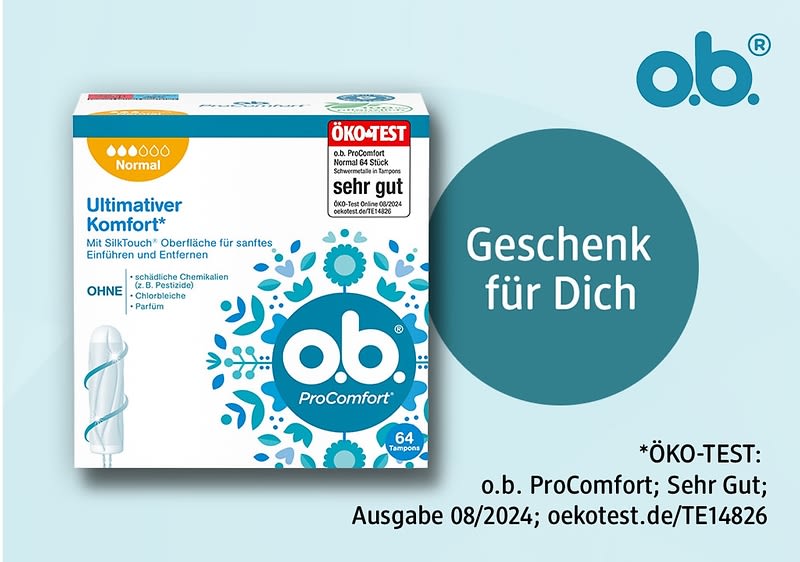 Produktverpackung einer o.b. ProComfort Tamponbox mit der Aufschrift „Ultimativer Komfort“ und „ÖKO-TEST: Sehr Gut“. Daneben ein Kreis mit dem Text „Geschenk für Dich“. Oben rechts das o.b. Logo