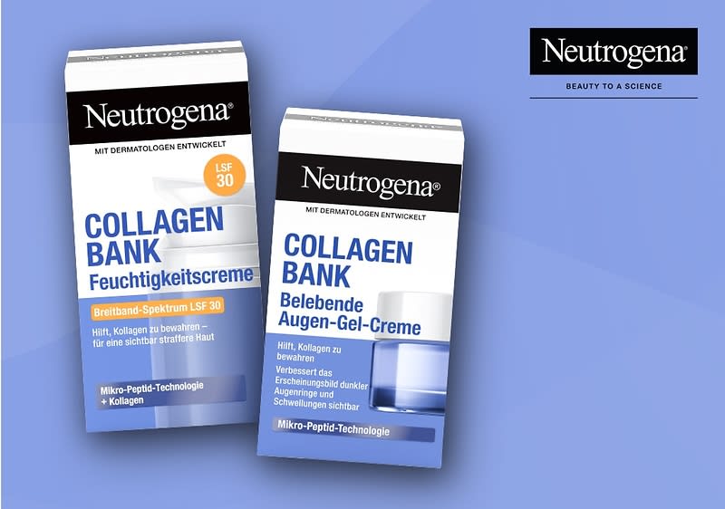 Zwei Produktverpackungen der Marke Neutrogena auf blauem Hintergrund, links eine Feuchtigkeitscreme mit orangener Aufschrift „Breitband-Spektrum LSF 30“, rechts eine Augen-Gel-Creme mit blauer Aufschrift „Belebende Augen-Gel-Creme“