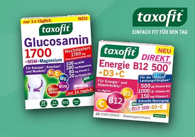 Zwei Produktverpackungen der Marke taxofit vor grünem Hintergrund, links eine größere Packung mit der Aufschrift "Glucosamin 1700 + MSM + Magnesium"rechts eine kleinere Packung mit der Aufschrift "B12 500 + D3 + C Direkt" in rot und grün, darunter "Für Energie und Immunsystem"