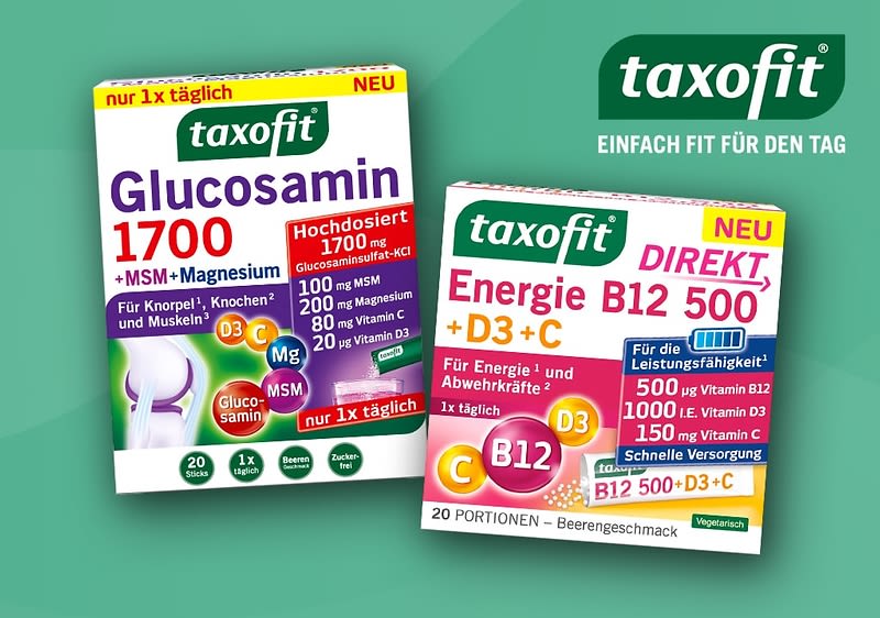 Zwei Produktverpackungen der Marke taxofit auf grünem Hintergrund, links eine größere Packung mit der Aufschrift Glucosamin 1700 + MSM + Magnesium und Für Knorpel, Knochen und Muskeln, daneben ein kleineres Paket mit der Aufschrift B12 500 + D3+C Direkt, beide Verpackungen zeigen eine tägliche Dosierungsempfehlung und enthalten Informationen zu Inhaltsstoffen wie Vitamin D3, Vitamin C und Magnesium, oben rechts der taxofit Slogan Einfach fit für den Tag