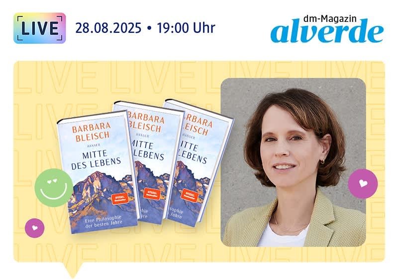 28.08.2025, 19:00 Uhr: alverde-Inspirationstalk, Barbara Bleisch lächelt in die Kamera, daneben das Buch „Mitte des Lebens. Eine Philosophie der besten Jahre“ von Dr. Barbara Bleisch
